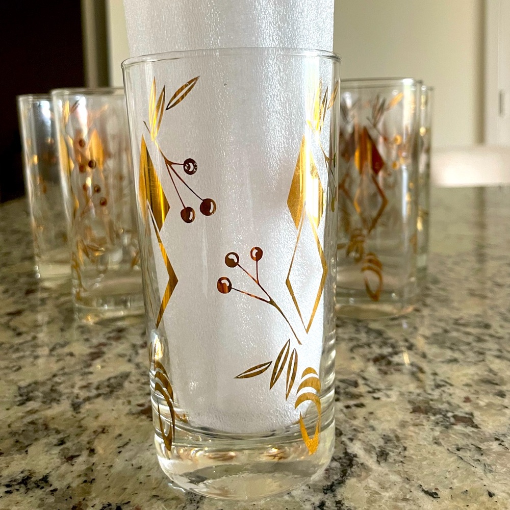 *SET OF TWELVE* MCM 24KT GOLD ATOMIC DIAMONDS & CHERRIES Tall Glasses